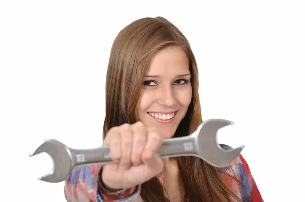 Dynamic Attractive Artisan Holds Wrench Camera — Stock Photo, Image