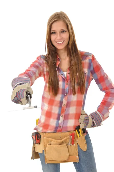 Giovane Donna Con Capelli Lunghi Sta Lavorando Con Una Spatola — Foto Stock