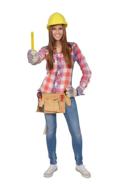 Attractive Young Artisan Tool Holding Yellow Ruler — Stock Photo, Image