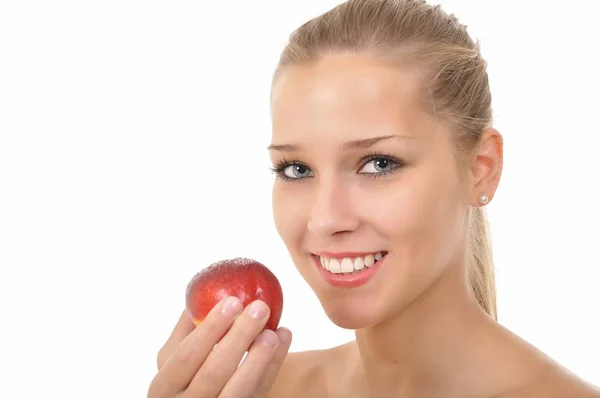 Sexy Young Woman Holding Red Nectarine — Stock Photo, Image