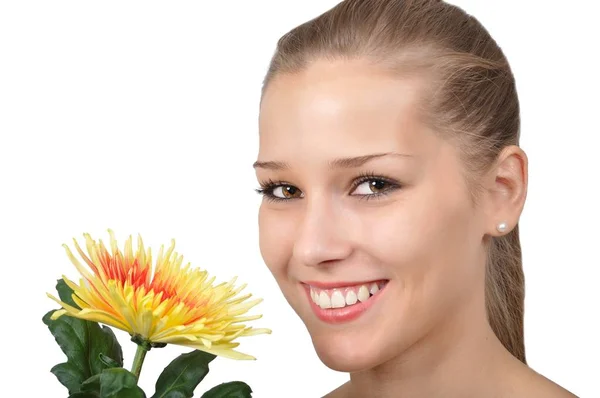 Pretty Young Woman Yellow Red Flower — Stock Photo, Image