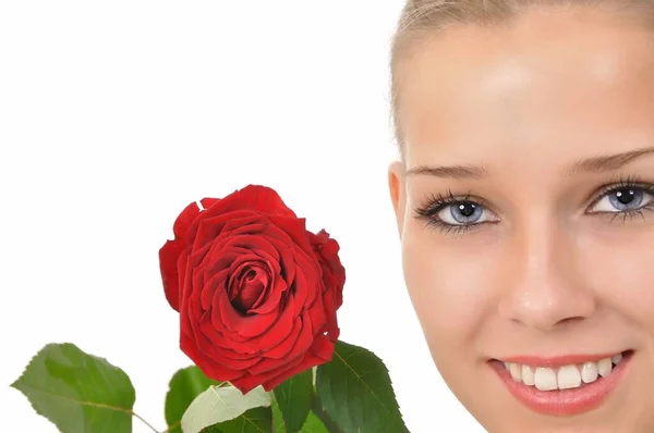 Cara Bonita Com Olhos Azuis Uma Rosa Vermelha — Fotografia de Stock