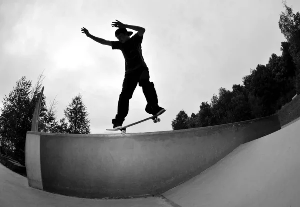 Perfect Silhouette Skateboarder Doing Trick Skate Park Stock Image