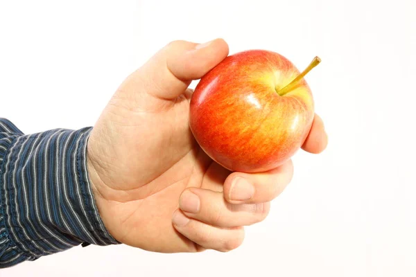 Hand Hält Einen Roten Apfel Auf Weißem Hintergrund — Stockfoto