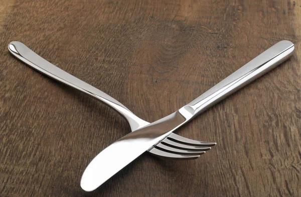Vidlička Nůž Dřevěné Desce — Stock fotografie