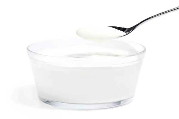 Joghurt Einer Schüssel Mit Einem Löffel Joghurt Auf Weißem Hintergrund — Stockfoto