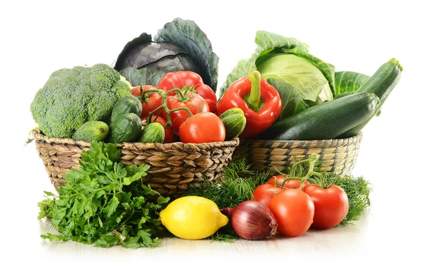 Composition Raw Vegetables Wicker Baskets Isolated White — Stock Photo, Image