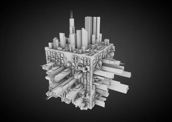 Renderização Cubo Com Cidades Nele — Fotografia de Stock