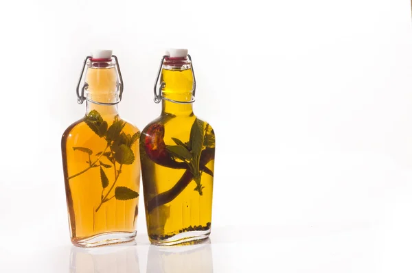 Bottles Vinegar Oil Pickled Herbs — Stock Photo, Image