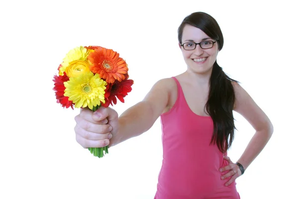 Mujer Joven Sosteniendo Una Flor Sus Manos — Foto de Stock