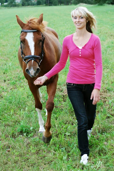 Mujer Joven Con Caballo Pony — Foto de Stock