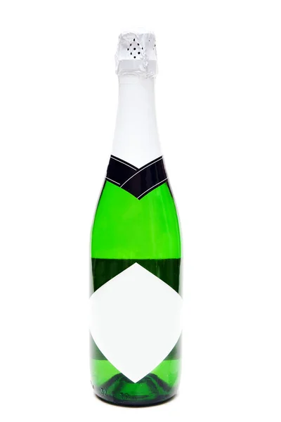 Fles Champagne Met Een Blanco Etiket Een Witte Achtergrond — Stockfoto