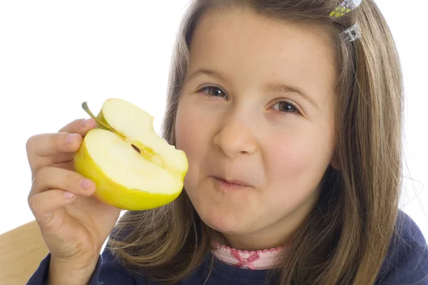 Six Year Old Girl Eats Apple — Stock Photo, Image
