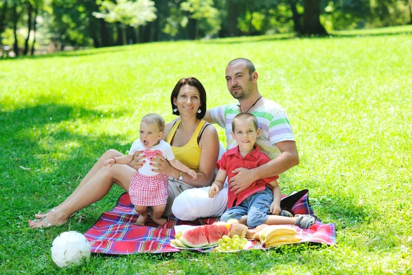 快乐年轻夫妇和他们的孩子在美丽的公园室外自然得开心 — 图库照片