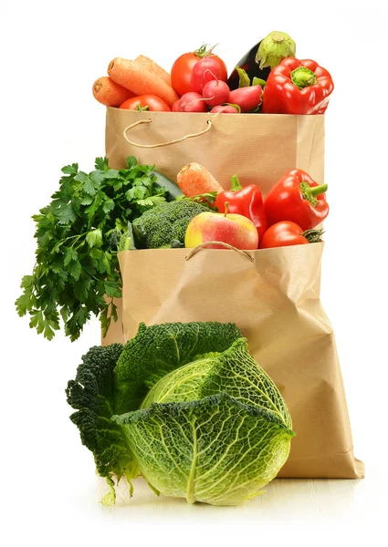 Composition Raw Vegetables Shopping Bag Isolated White Stock Photo