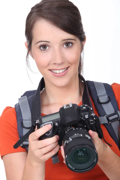 Young Brunette Holding Expensive Camera — Stock Photo, Image