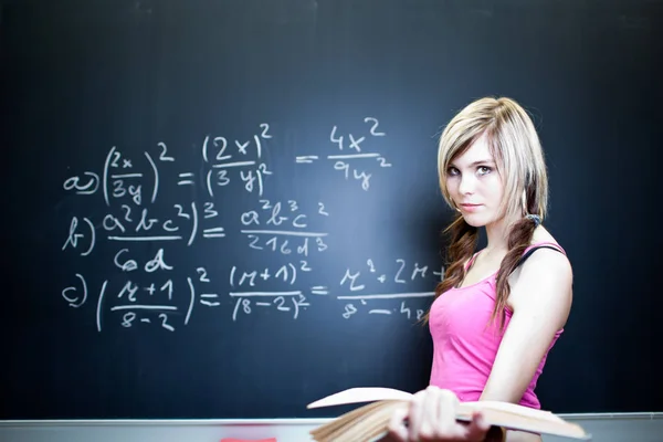 pretty young college student writing on the chalkboard/blackboard during a math class (shallow DOF