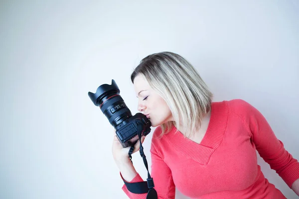 Pretty Female Photographer Her Digital Camera Color Toned Image — Stock Photo, Image