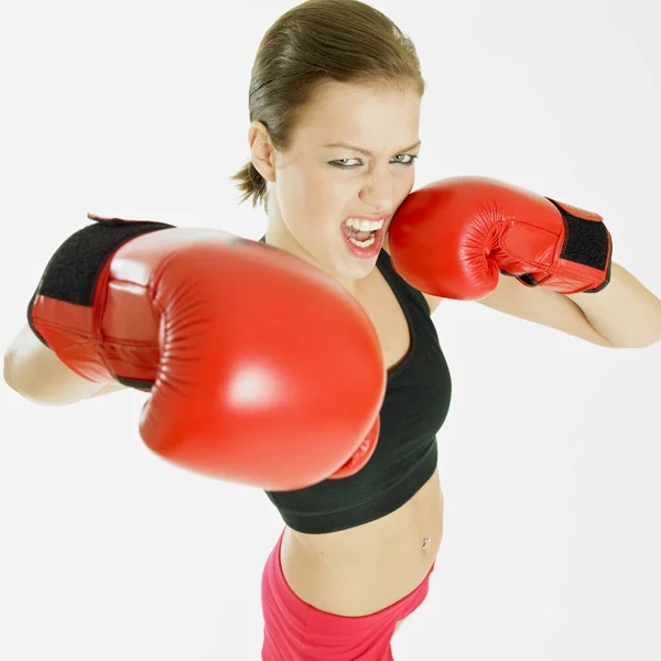 Mujer Con Guantes Boxeo —  Fotos de Stock