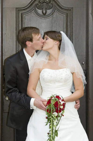 Newlyweds Standing Together Portrait Stock Image