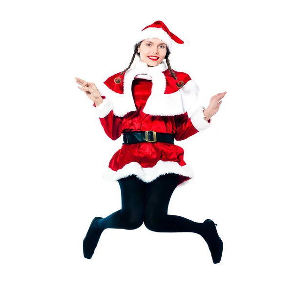 Una Donna Vestita Babbo Natale Che Salta Mostrando Posizionamento Del — Foto Stock