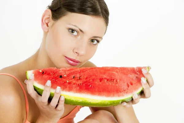 Porträt Einer Frau Mit Wassermelone — Stockfoto