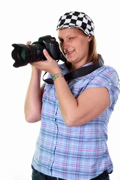 Mujer Joven Con Cámara Fondo Blanco — Foto de Stock