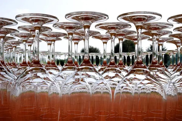 Glasses Upside Red Tablecloth — Stok fotoğraf