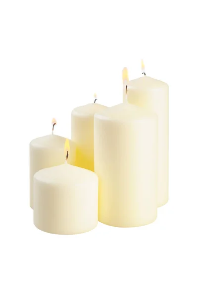 Five Large Lighted Candle Isolated White — Stock Photo, Image