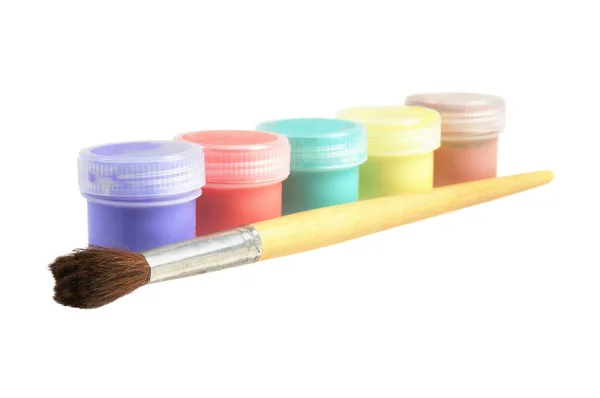 Five Cans Paint Brush Focus Brush Isolated White — Stock Photo, Image