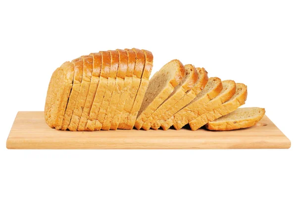 Brot Scheiben Auf Holzbrett Isoliert Auf Weiß — Stockfoto