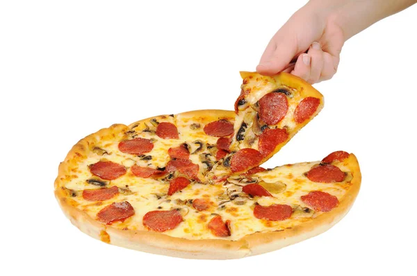 Пицца Пепперони Ломтиком Руке Изолированные Белом — стоковое фото