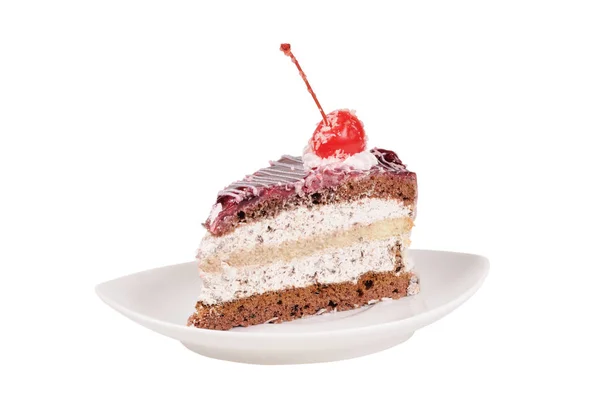 Slice Cake Cherry Close Isolated White — Stock Photo, Image