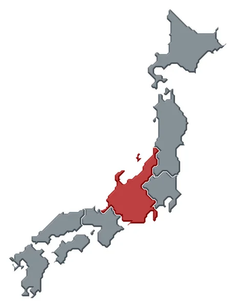 中部が強調されるいくつかの地域との日本の政治地図 — ストック写真