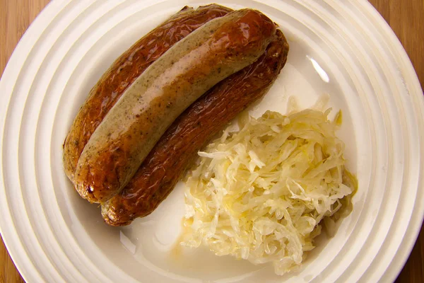 German Pickled Cabbage Sausages White Plate — Stock Photo, Image