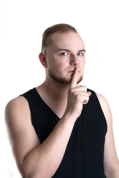 Young Man Finger Front His Mouth — Stock Photo, Image