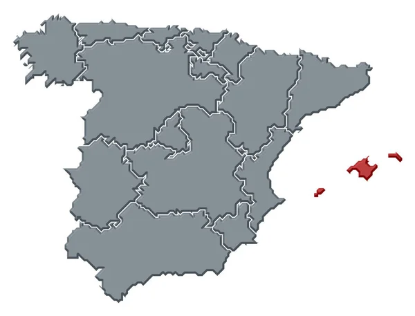 Mapa Político Espanha Com Várias Regiões Onde Destacam Ilhas Baleares — Fotografia de Stock