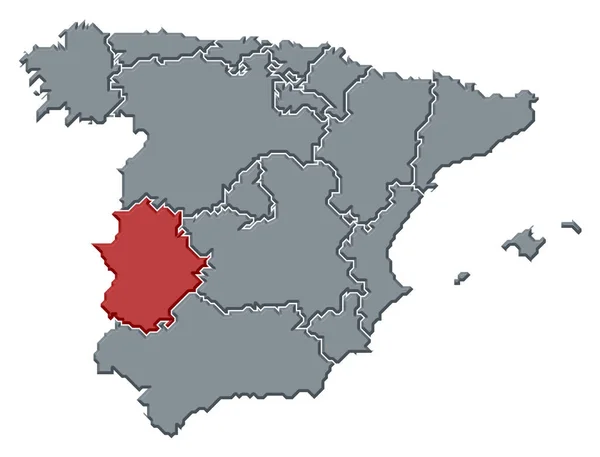 Mapa Político España Con Las Diversas Regiones Donde Destaca Extremadura —  Fotos de Stock