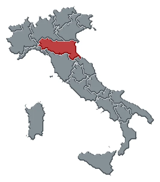 エミリア ロマーニャ州が強調されているいくつかの地域とイタリアの政治地図 — ストック写真
