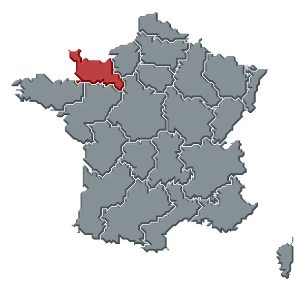 Політична Карта Франції Кількома Регіонами Підкреслюється Нижня Нормандія — стокове фото