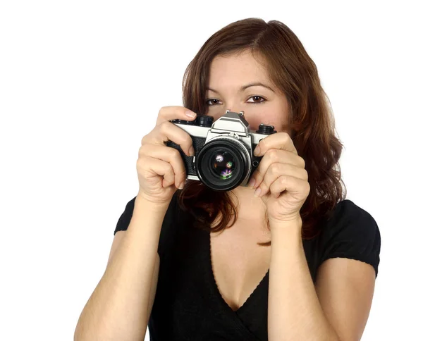 Mooie Vrouwelijke Fotograaf Toeristische Wijzend Een Camera — Stockfoto