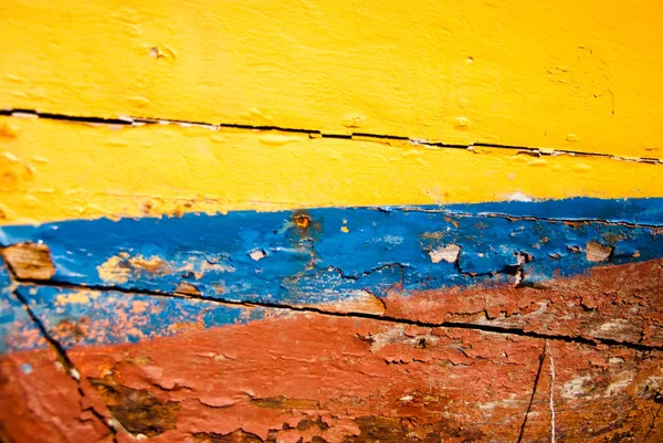 Altes Wettergetreues Holz Gelb Blau Und Rot Lackiert — Stockfoto