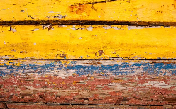 Velho Tempo Madeira Batida Pintada Amarelo Azul Vermelho — Fotografia de Stock