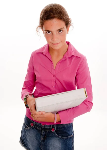 Chica Joven Sosteniendo Una Gran Enciclopedia — Foto de Stock