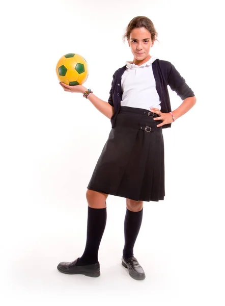 Écolière Uniforme Avec Ballon Football — Photo