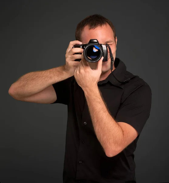 Man Black Taking Picture Photo Camera — Stock Photo, Image