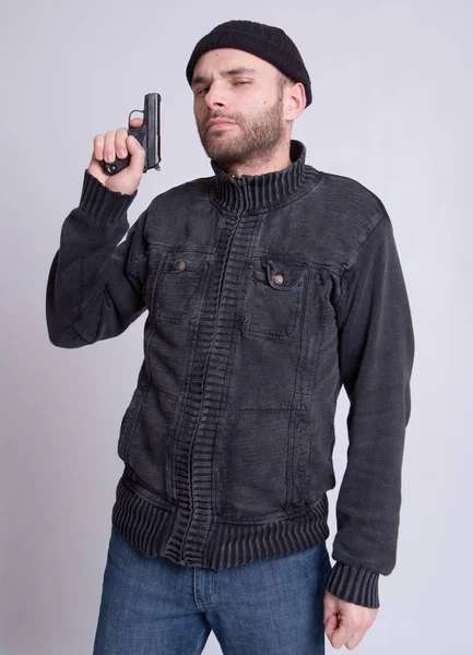 Portrait Handsome Man Gun — Stock Photo, Image