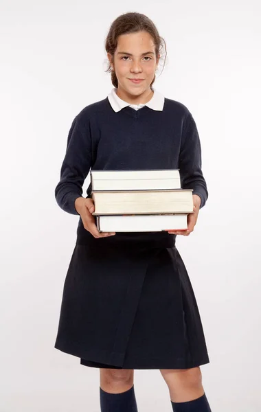 Retrato Uma Menina Bonita Vestido Preto Com Livros — Fotografia de Stock