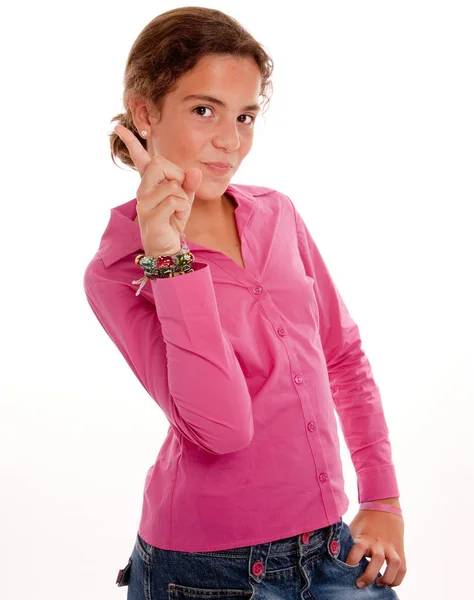 Young Woman Pink Shirt Jeans Posing Isolated White — Stock Photo, Image