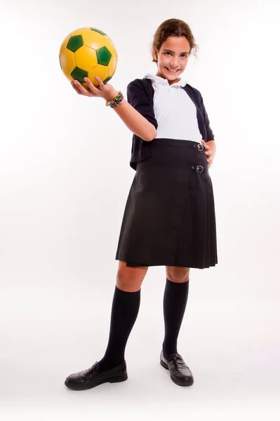 Écolière Uniforme Avec Ballon Football — Photo